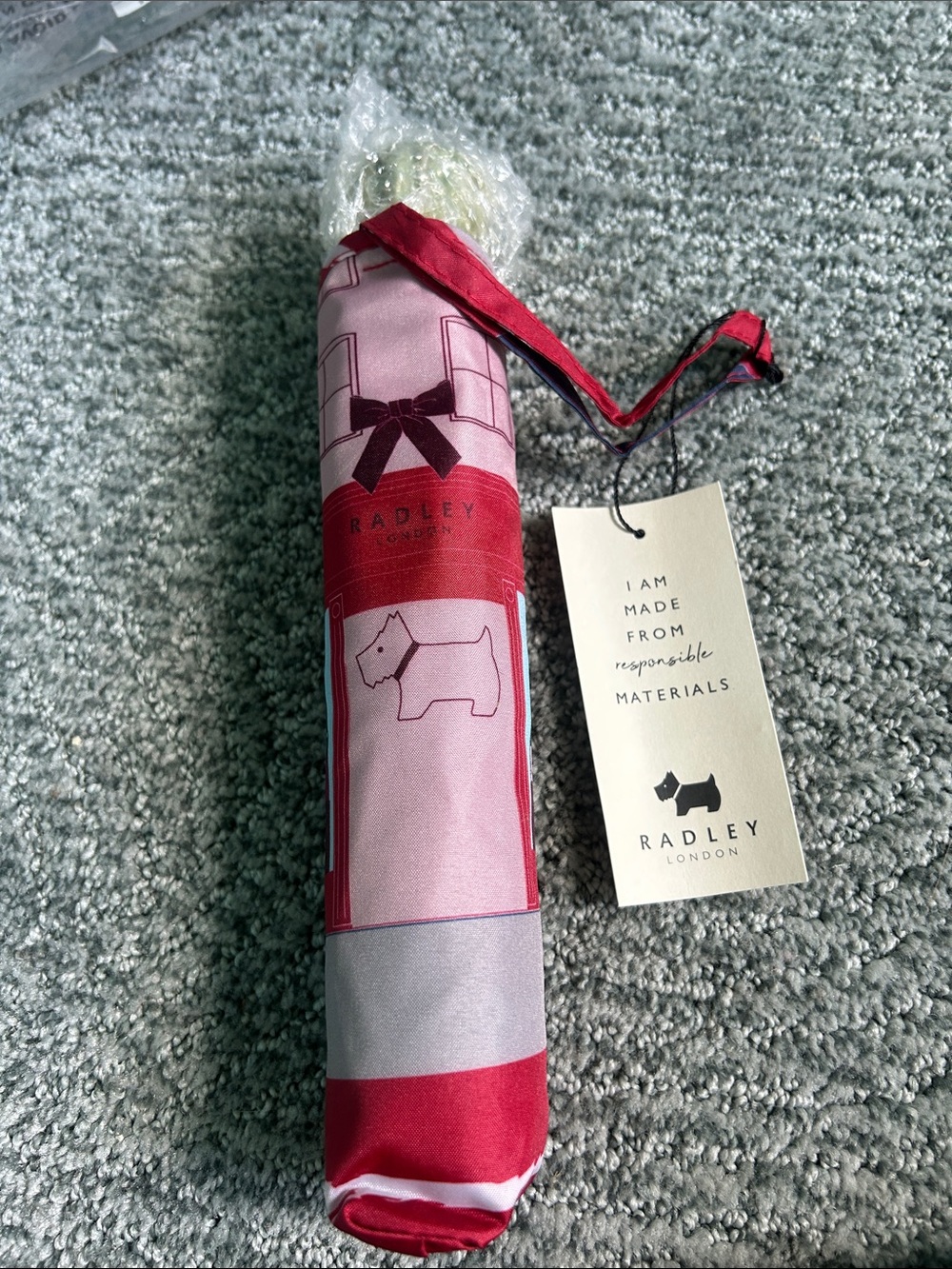 RADLEY LONDON Pink and Red Foldable Umbrella with Scotty Dog Print